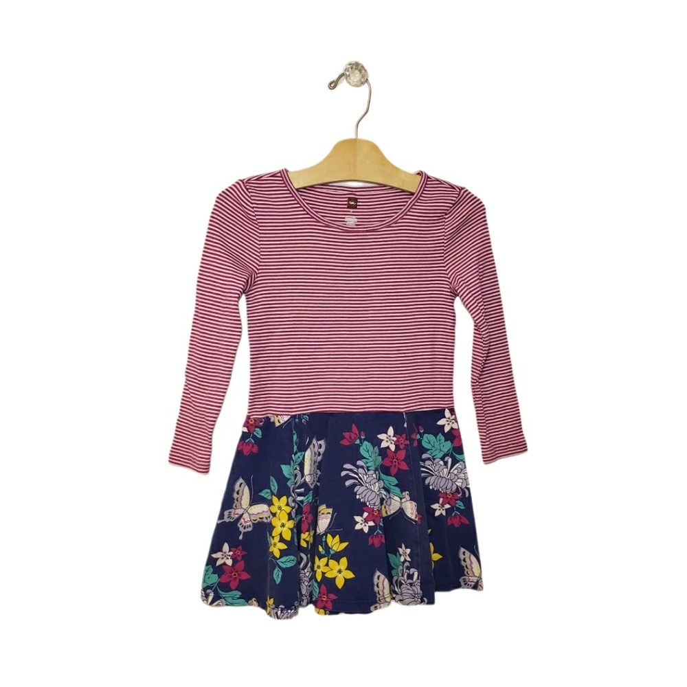 Tea Collection Size 5 Girls Long Sleeve Striped and Floral Butterfly Dress